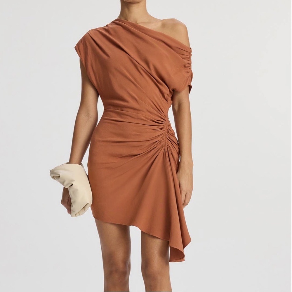 A.L.C. POPPY One-Shoulder Rust Brown Draped Mini Dress